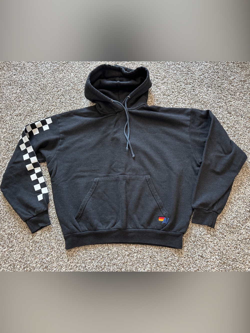 Aviator Nation Black Hoodie with White Checkered Sleeve
